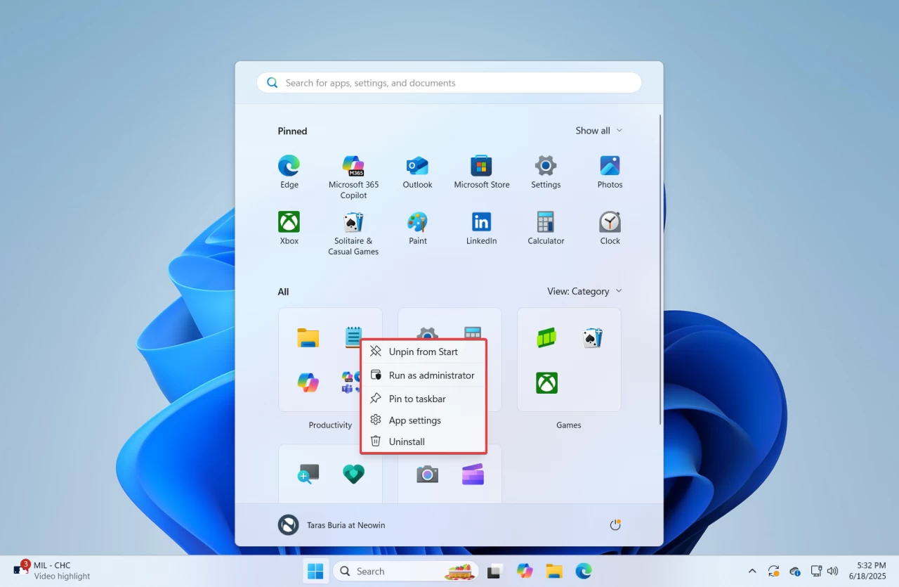The redesigned Start menu in Windows 11