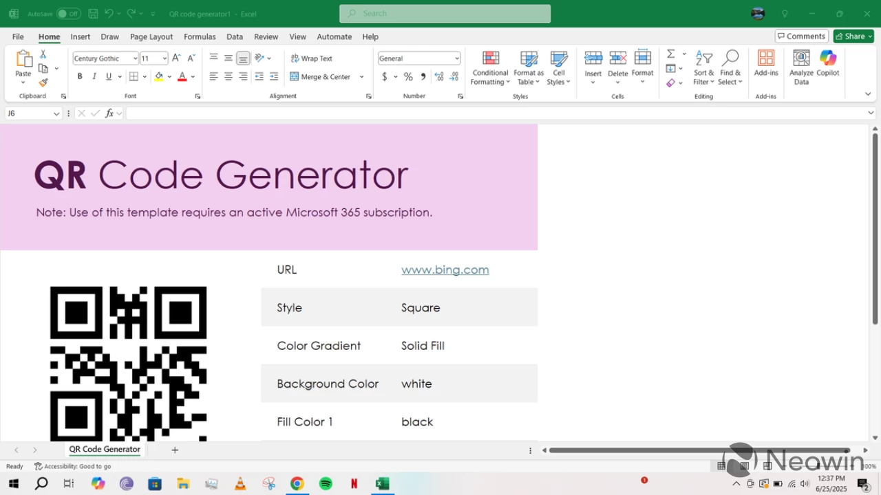 The QR Code Generator template open in Excel on Windows