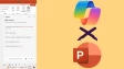 A slide deck snippet on the left side and Copilot x PowerPoint logos on the right