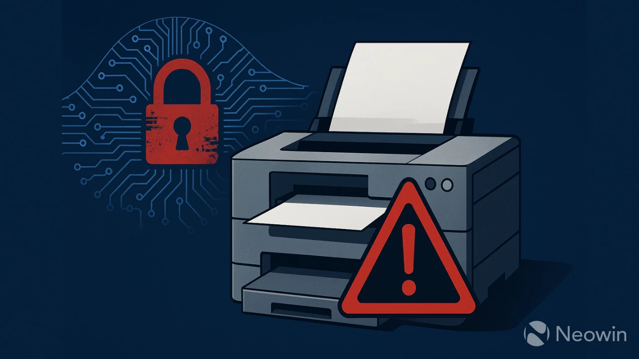 A printer with an exclamation mark on the right and a digital lock icon on the left