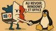 A cartoon of angry France ditching Windows and Office on a laptop and shaking hands with the Linux p