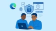 Two people working on a Windows laptop with Edge and security logos in on a blue background