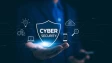 A man holding a digital cybersecurity logo