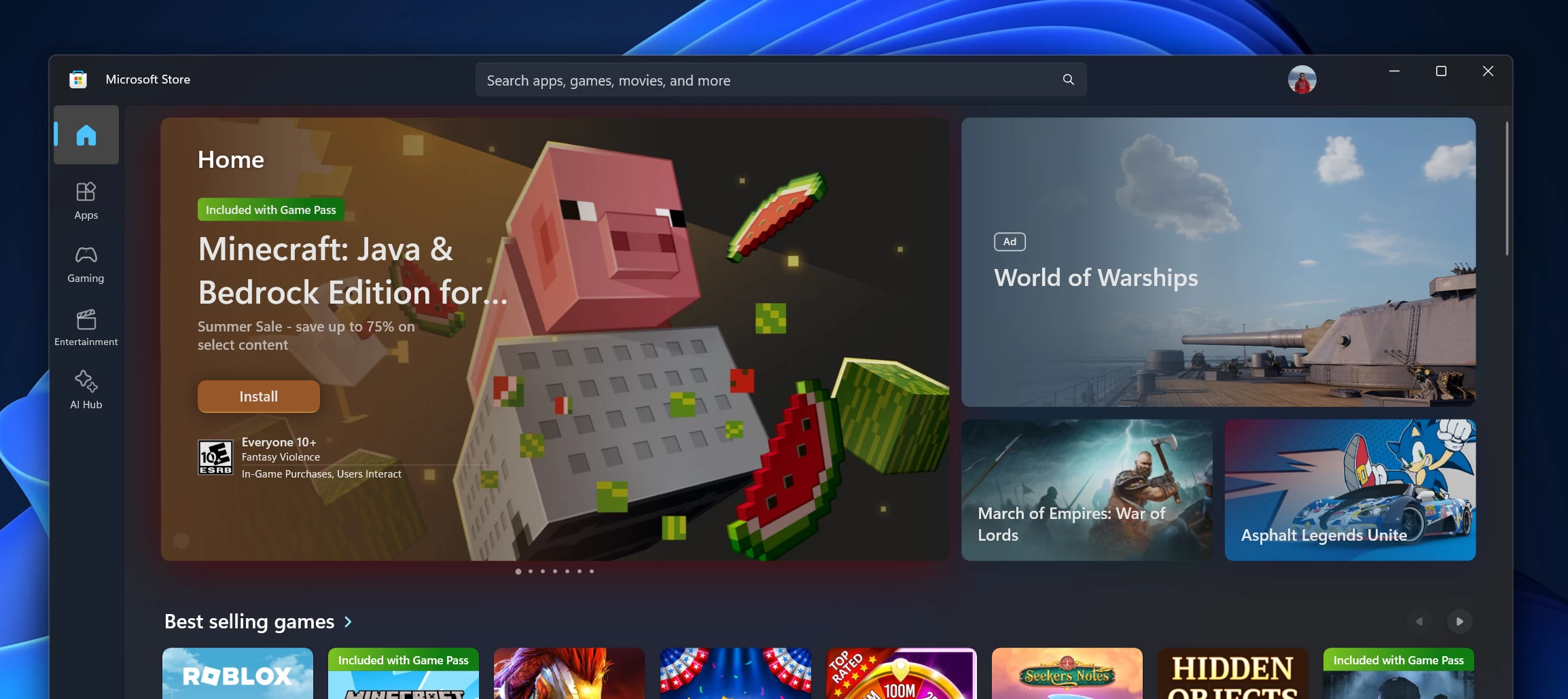 Microsoft Store Home page with the new Install button