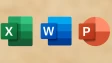 Excel PowerPoint and Word logos on a peach background