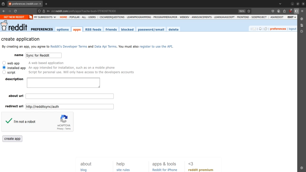 Create Application page