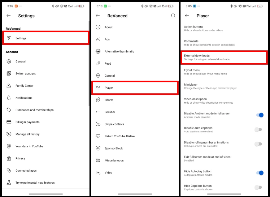 After installing the patched YouTube app open it and navigate to Settings ReVanced Player Externa