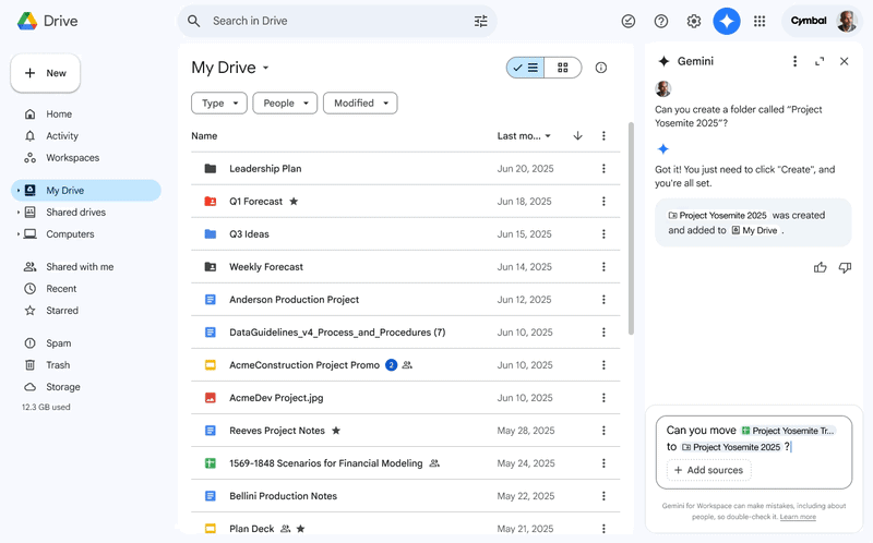 Execute basic organizational tasks using gemini in drive