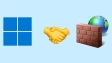 Windows 11 and Windows Firewall logos on the right and left with handshake emoji in the middle