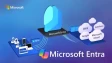 A Copilot logo in a Microsoft Entra graphic