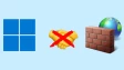 Windows 11 and Windows Firewall logos on the right and left with crossed handshake emoji in the midd