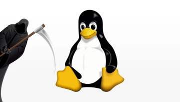 Tux Linux mascot with Grim Reaper peeping from the left