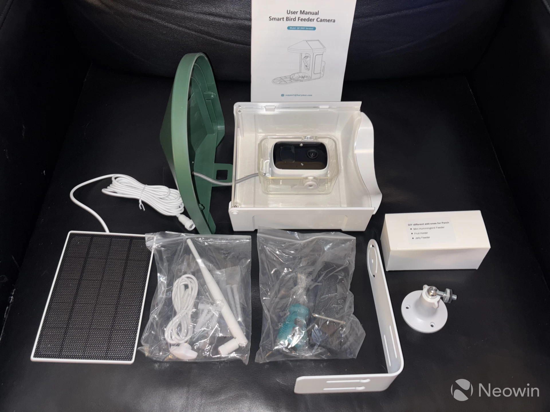 Photo of the components of the Harymor Q8 Smart Bird Feeder