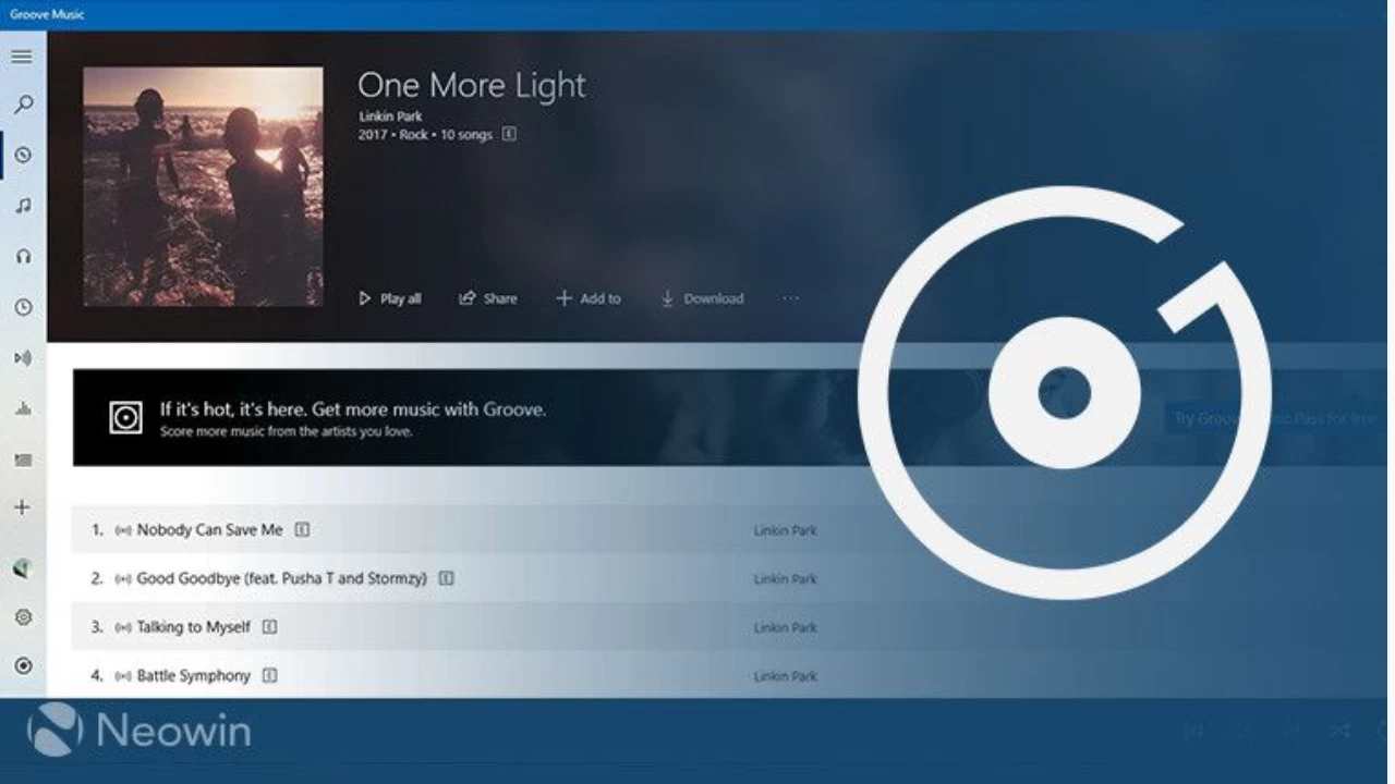 Groove Music app in the background and logo in the foreground