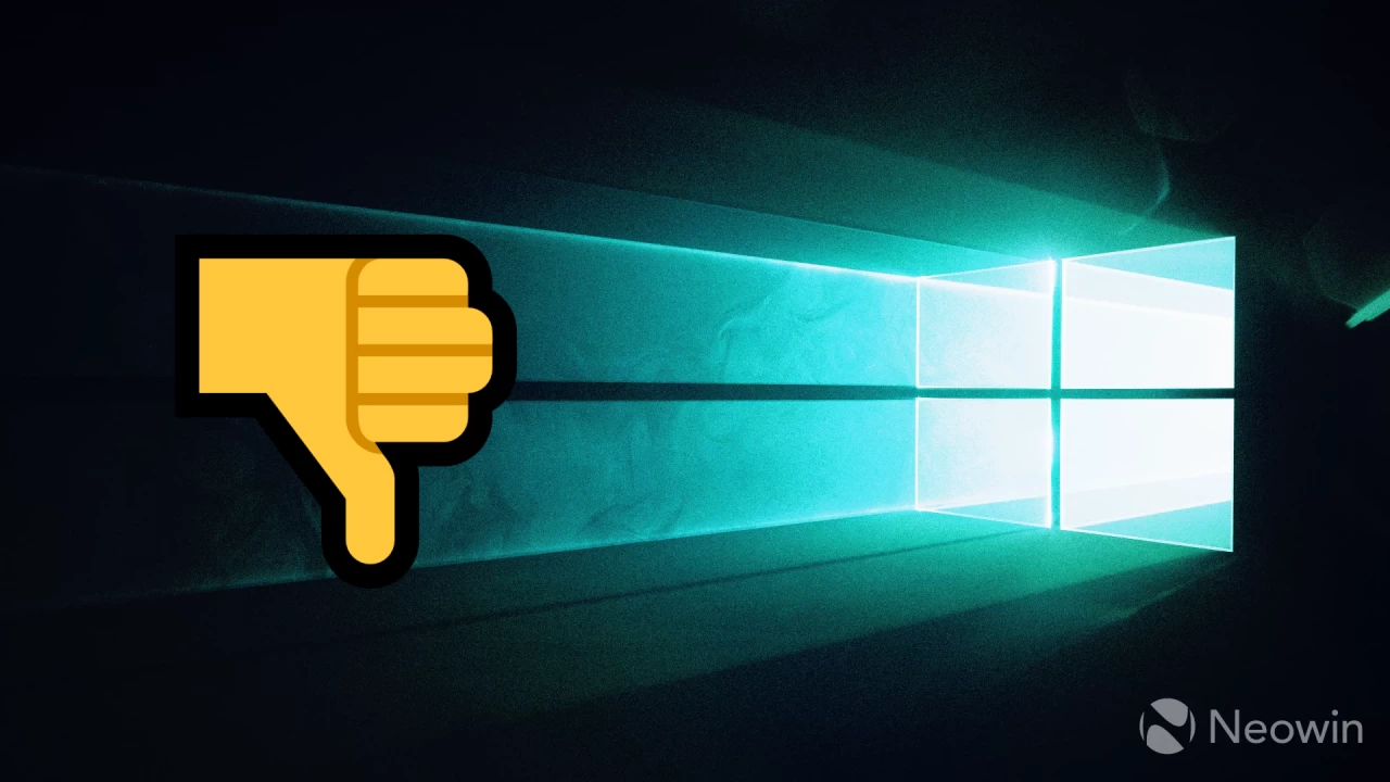 Windows 10 wallpaper with a thumbs down emoji next to it