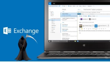 A logo for Microsoft Exchange with a laptop and a grim reaper icon