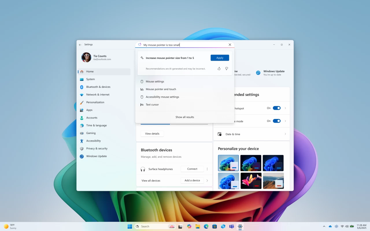 Windows 11s Settings app with the search agent