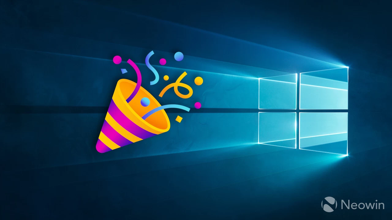 windows 10 happy birthday 10 years old flag background with party popper