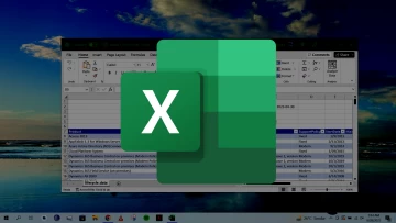 Microsoft Excel open on a Windows 10 desktop with a superimposed logo