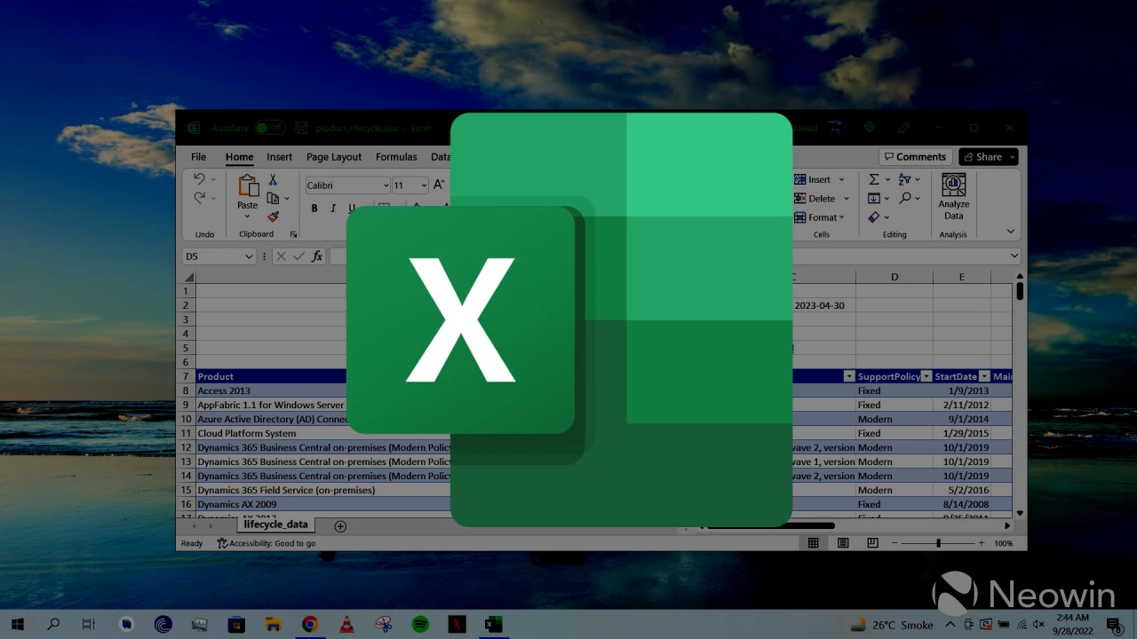 Microsoft Excel open on a Windows 10 desktop with a superimposed logo