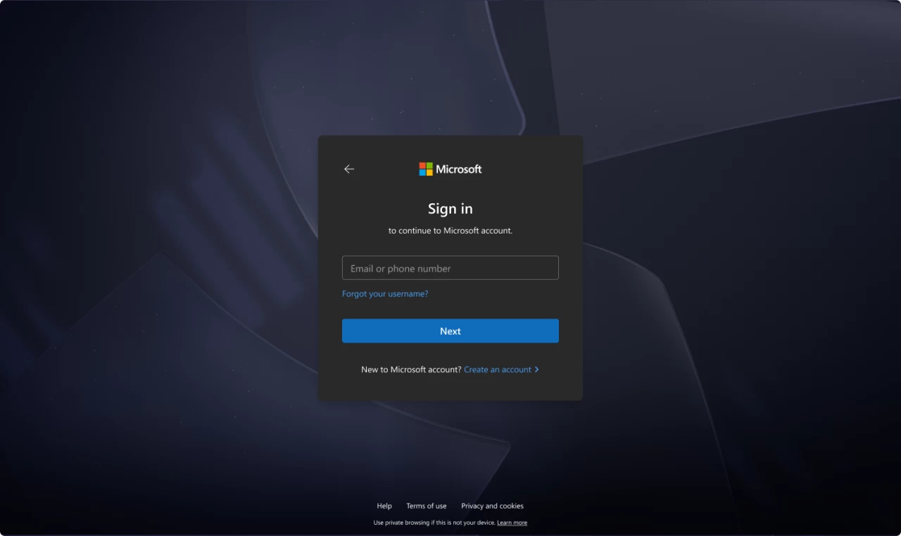The updated Microsoft authentication experience with dark mode