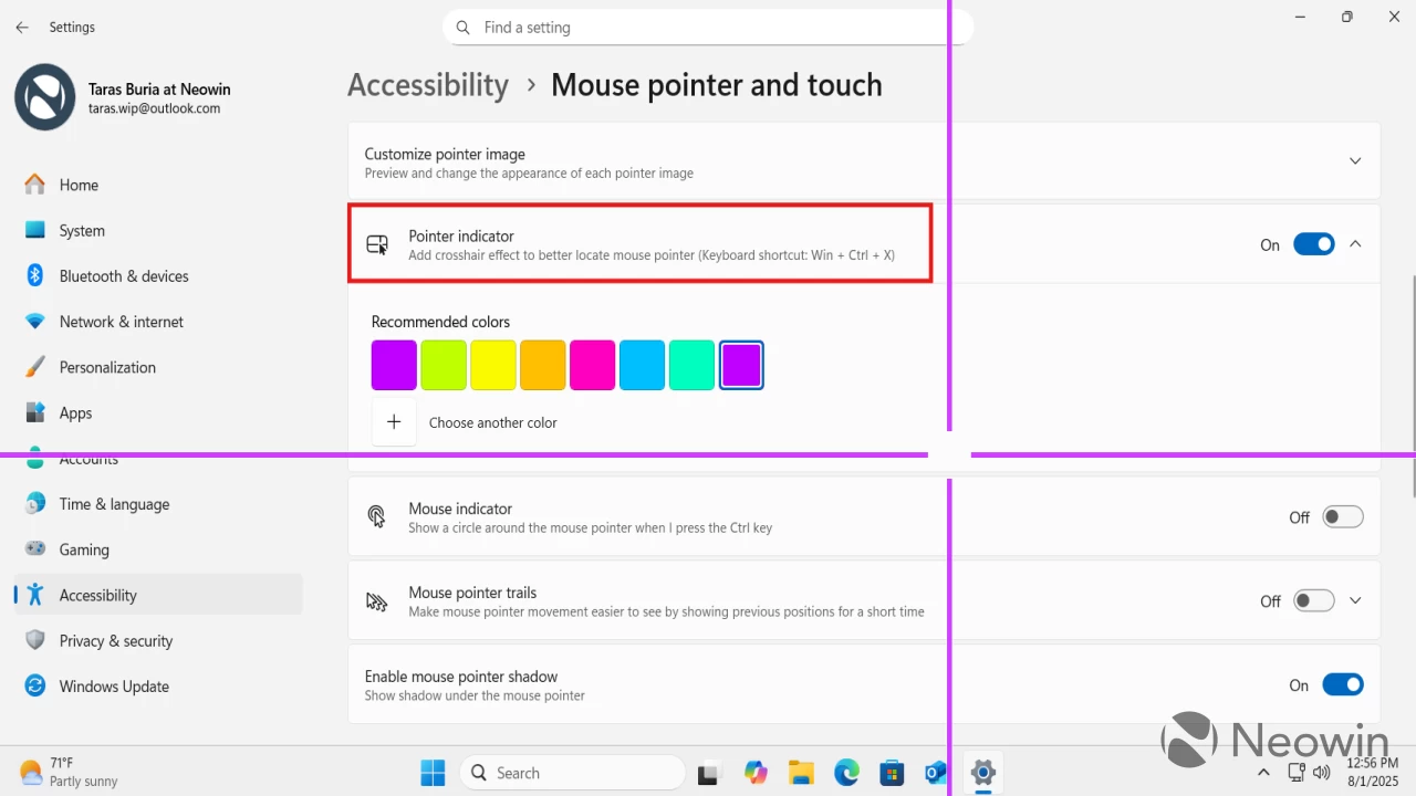 Mouse crosshair settings in Windows 11