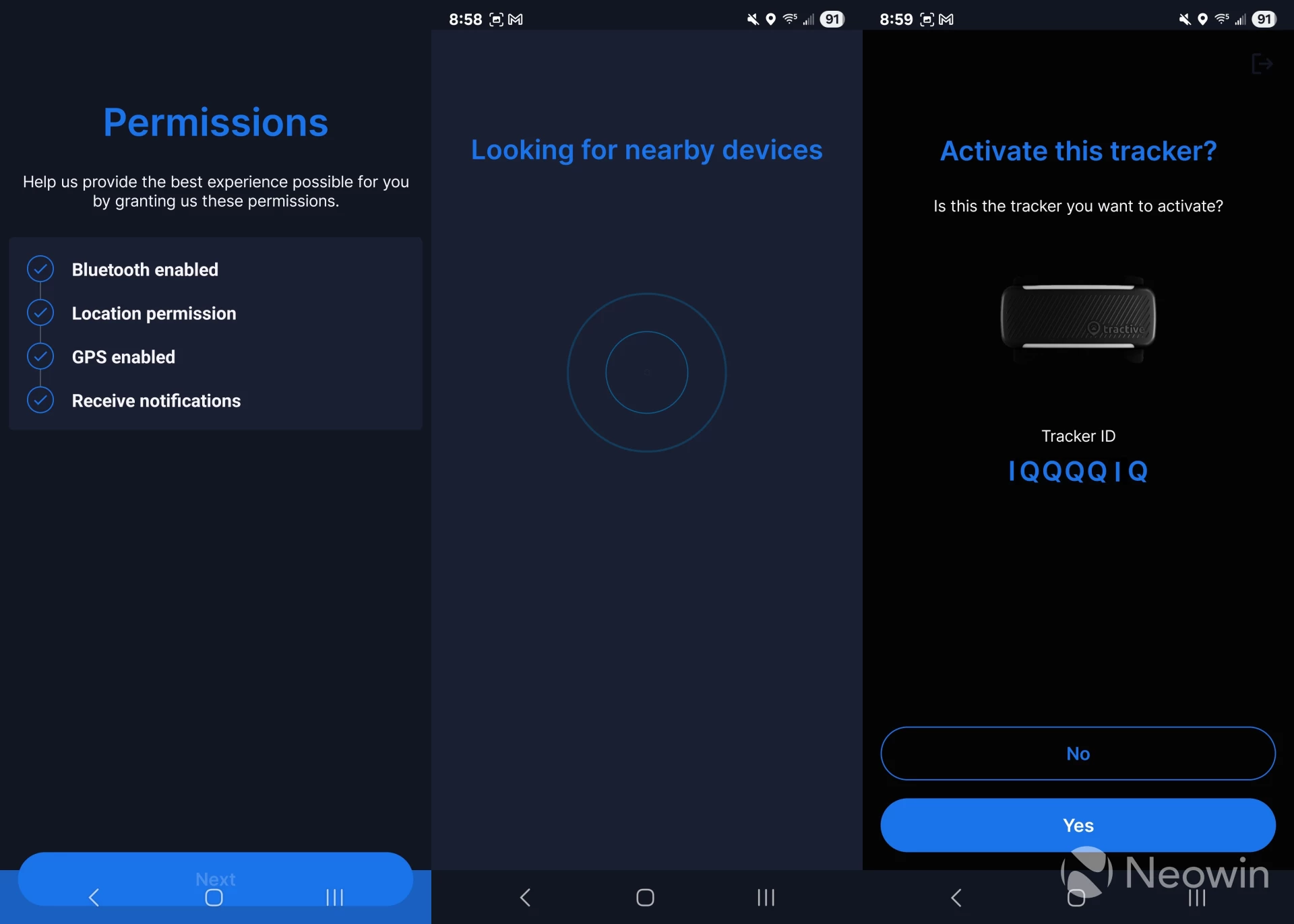 Three screenshots of initial setup of Tractive