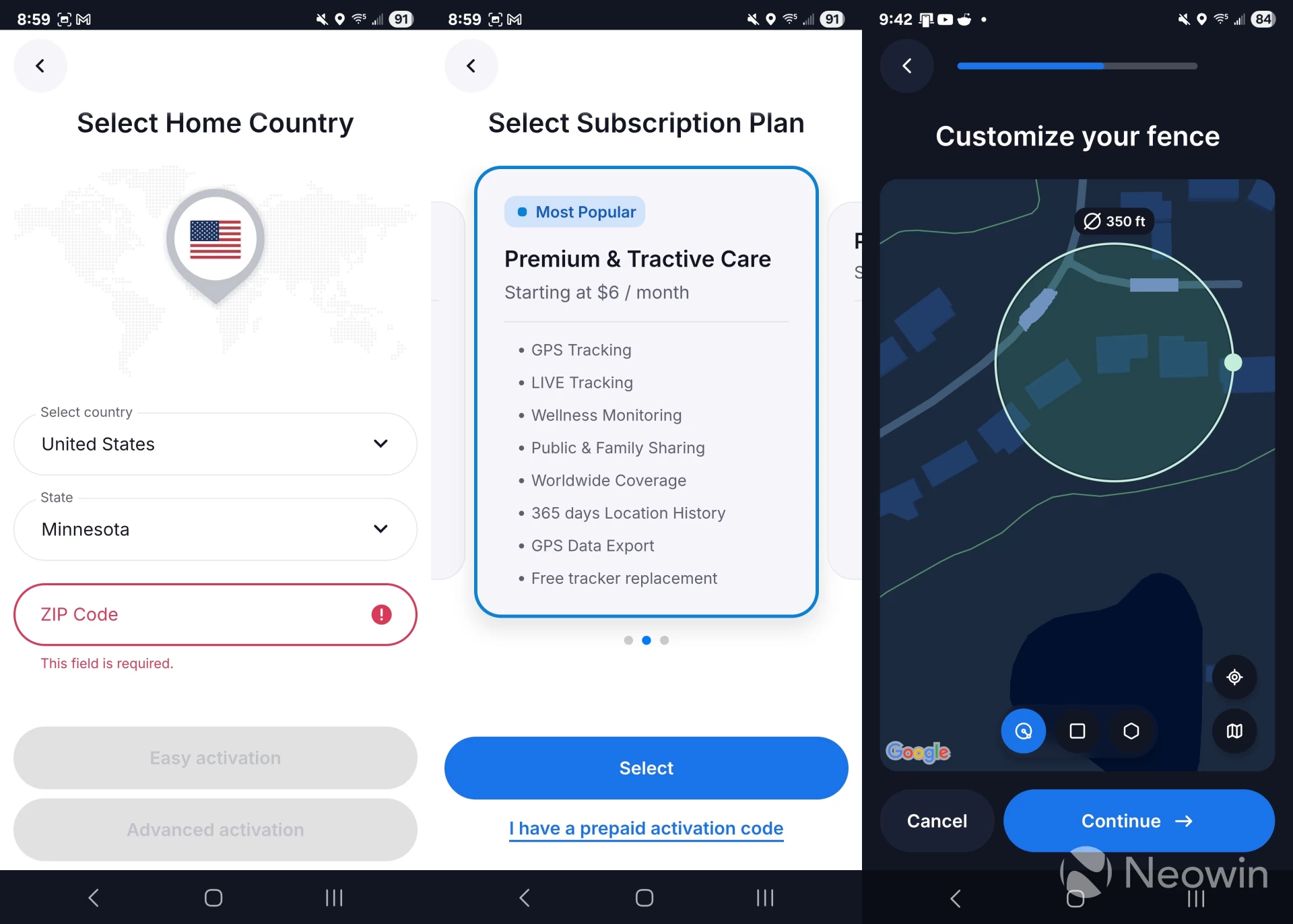 Screenshots showing initial setup of Tractive software