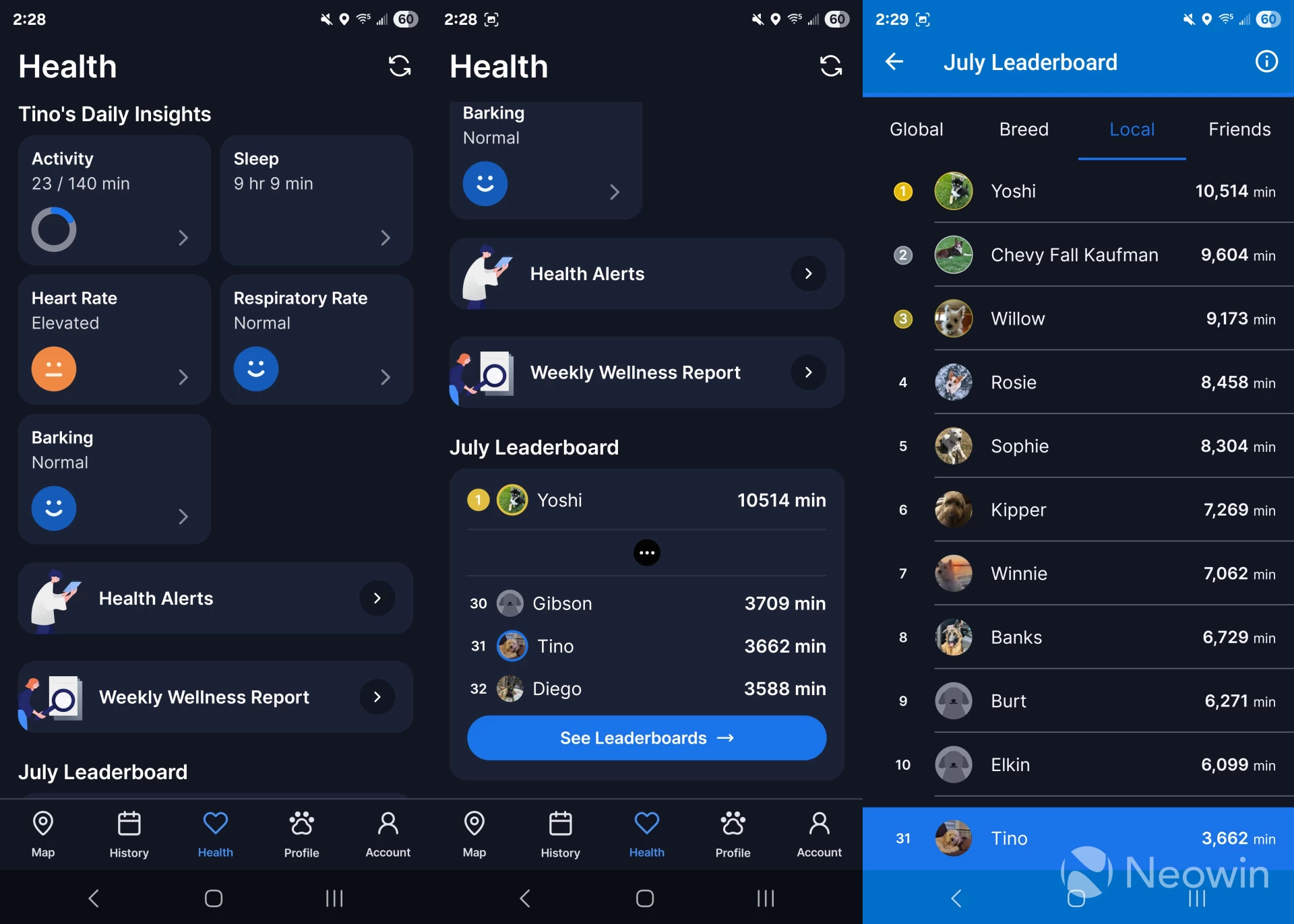 Screenshot of Health pages of Tractive app