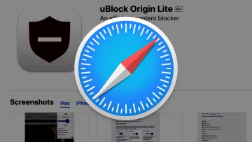 uBlock Origin Lite listing on App Store in background with Safari logo superimpsed