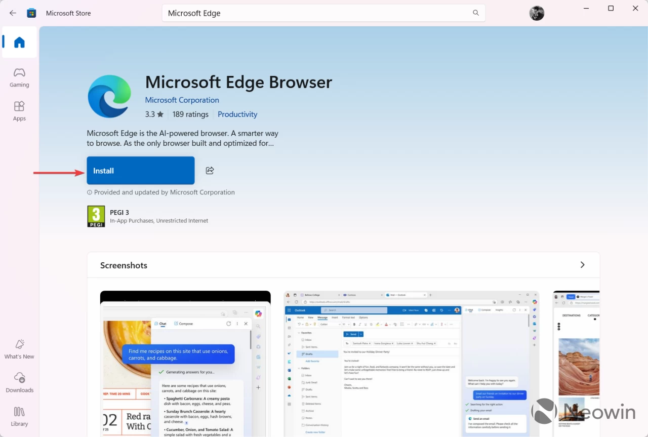 Microsoft Edge listing in the Microsoft Store app