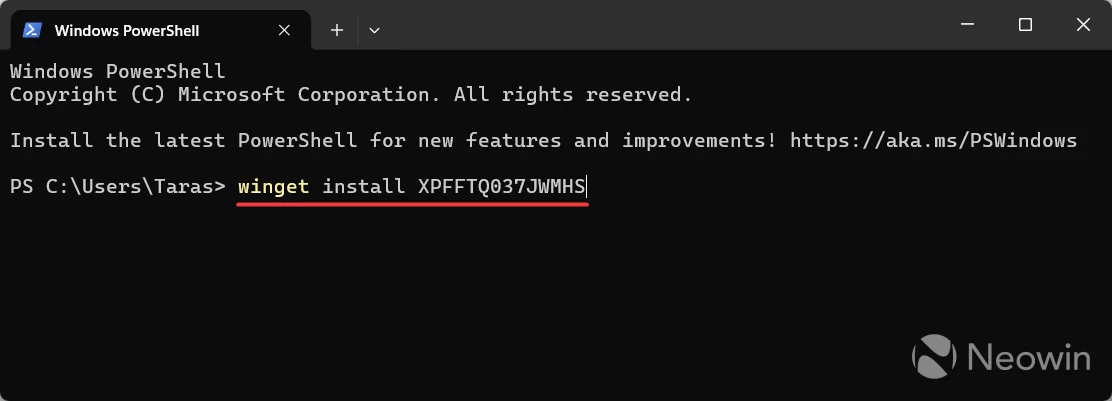 Windows Terminal with a command to install Edge using Winget