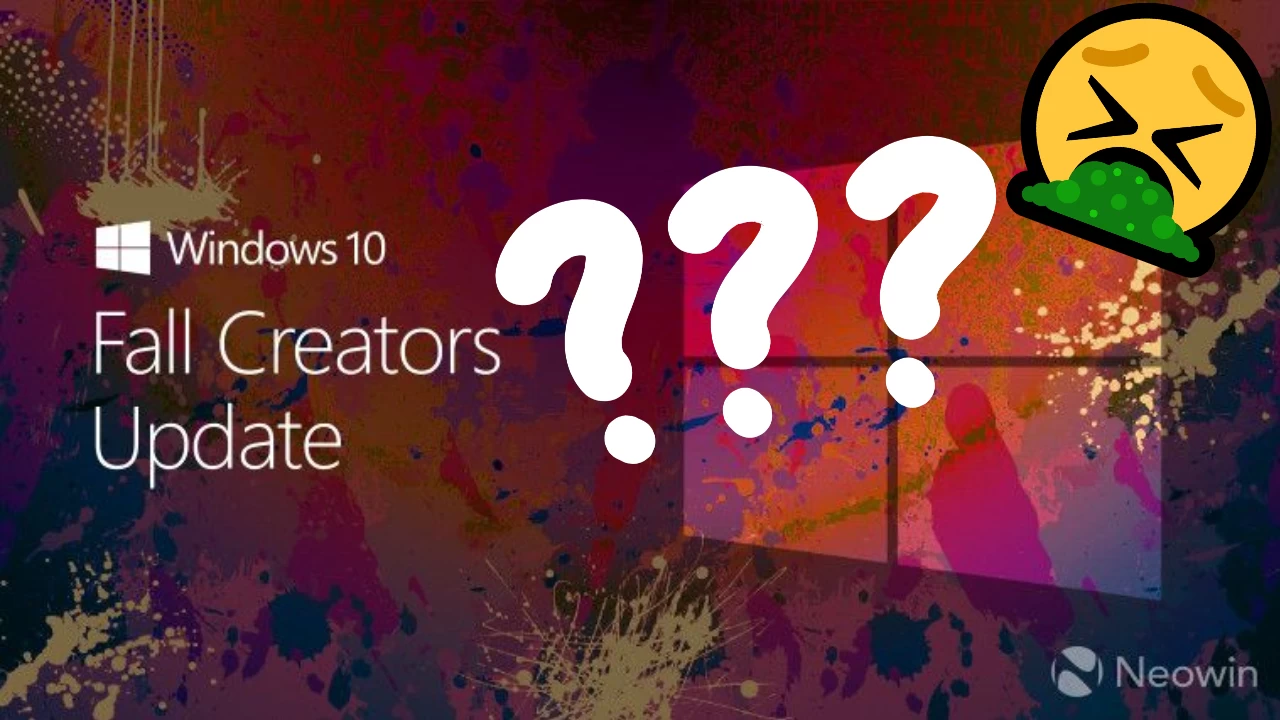 Windows 10 Fall Creators Update promo with question marks and vomit emoji