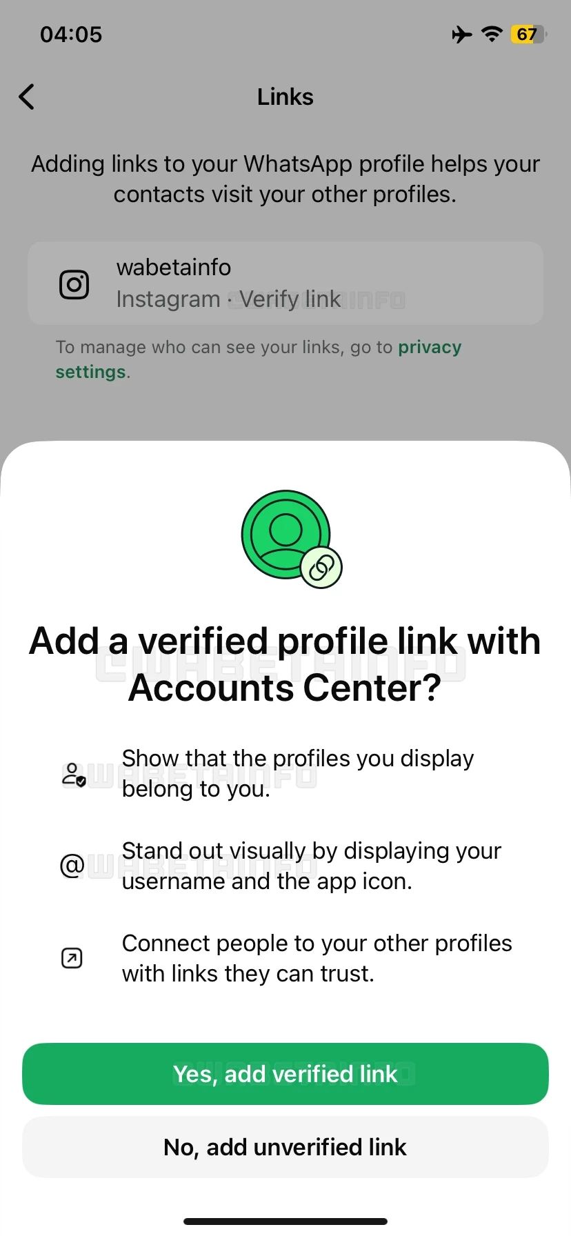 Verified link in WhatsApp