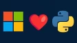 Microsoft and Python logos on both sides and a heart emoji in the center
