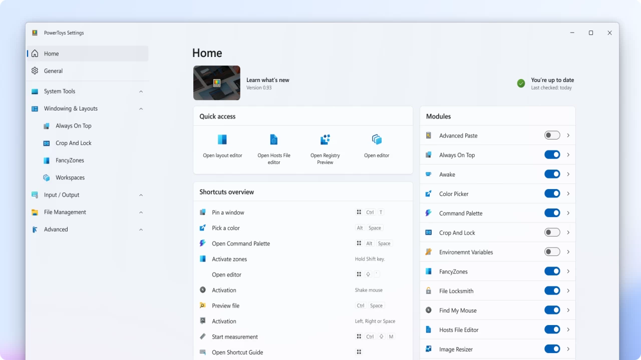The new Settings homepage puts quick actions shortcuts and module states right at your fingertips