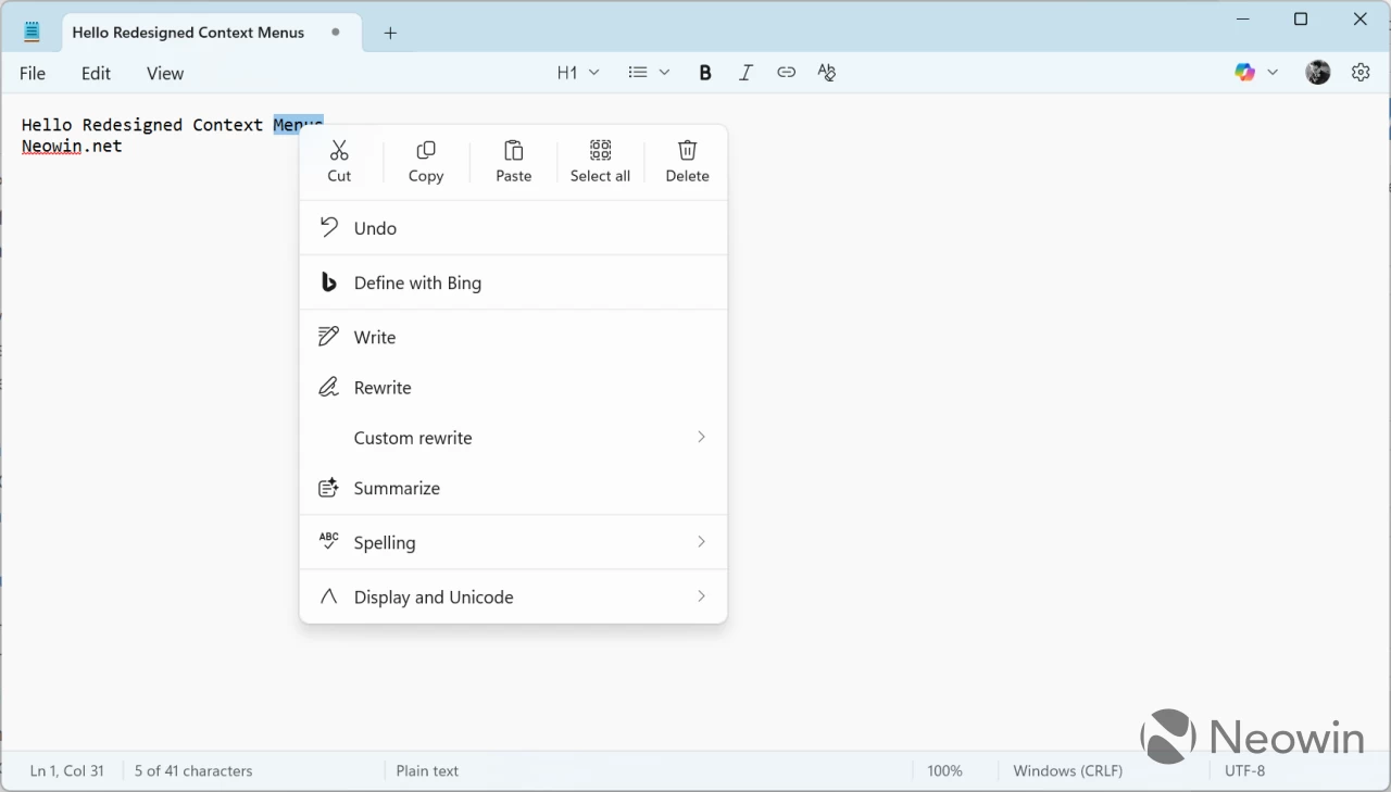 Der Editor von Windows 11 mit dem aktualisierten Kontextmenü