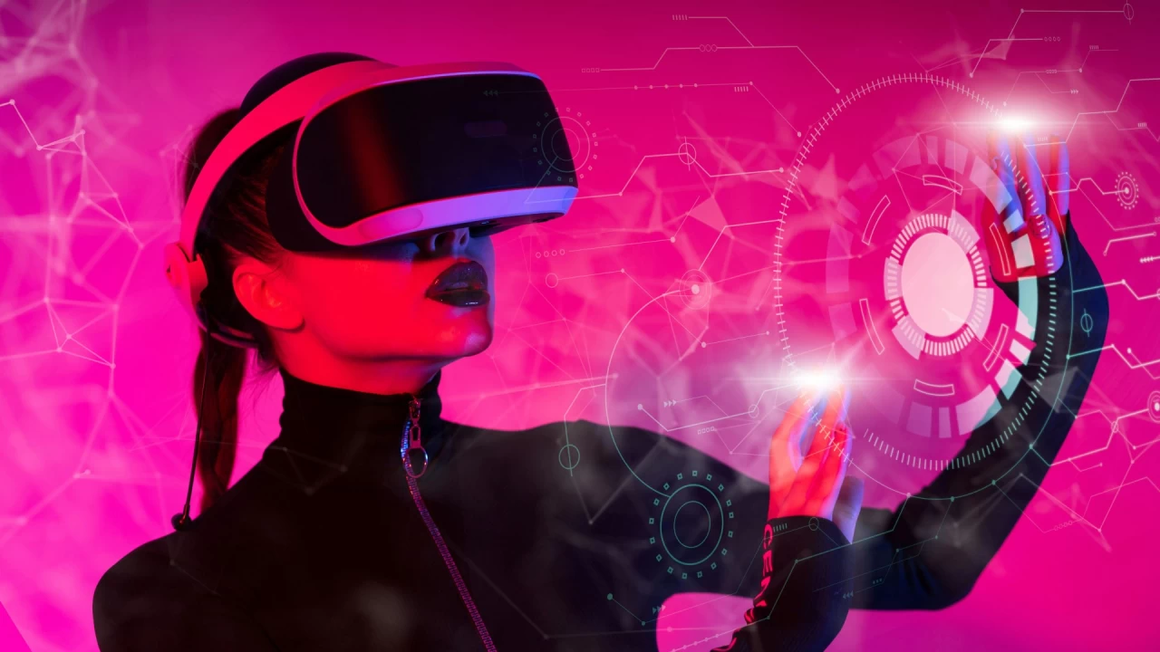 a girl with VR headset on grabbing a hologram
