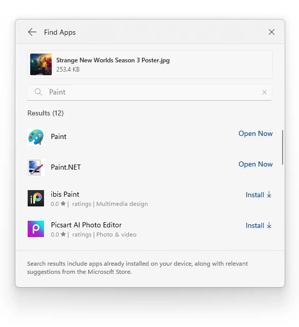 Results shown for searching for Paint directly within the Windows search window using “Find Apps”.
