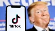 A logo of TikTok infront of an image of President Trump