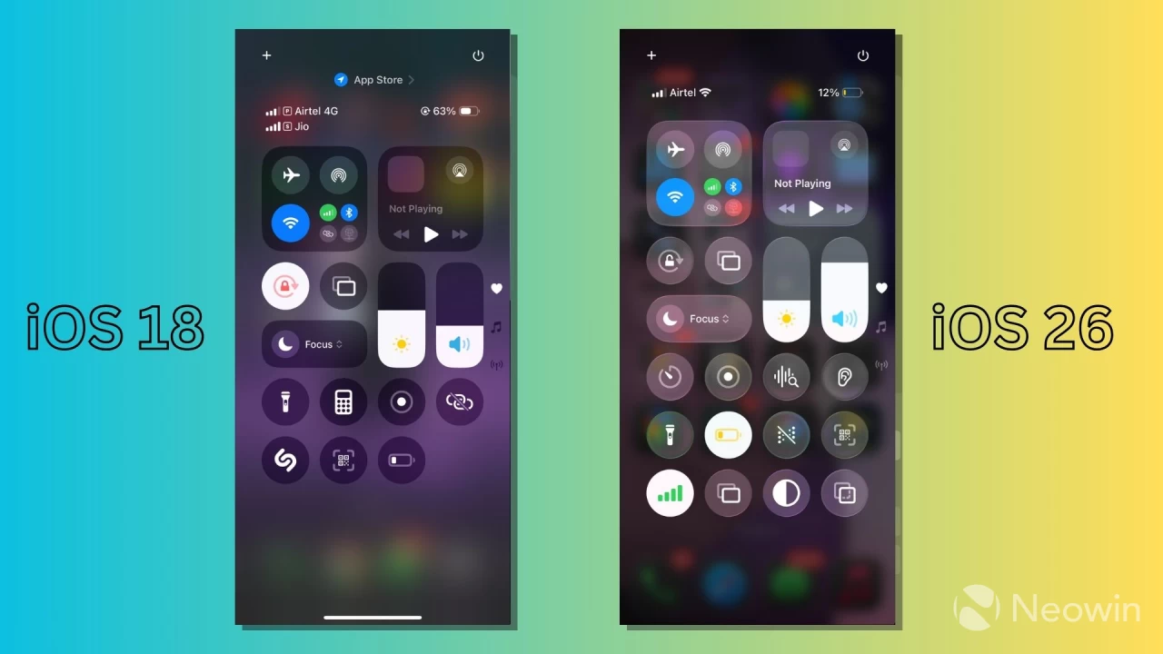 iPhone Control Center on iOS 26 vs iOS 18