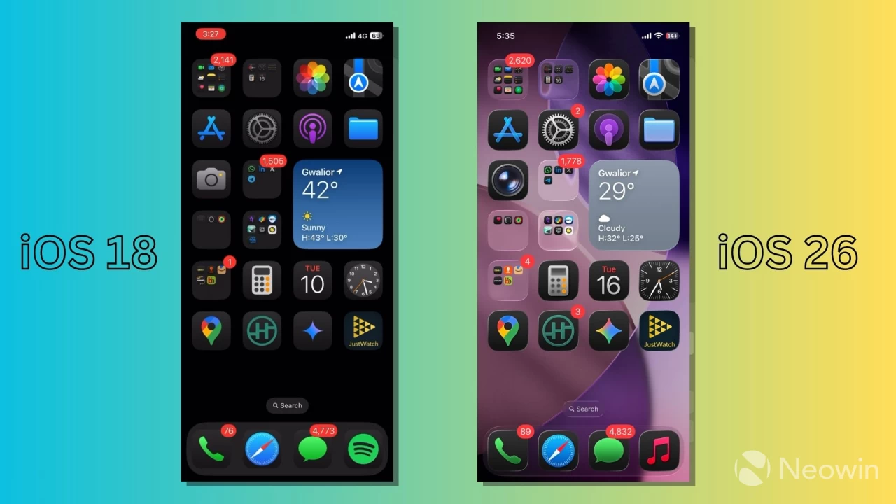 iOS 26 vs iOS 18 icons comparison liquid glass