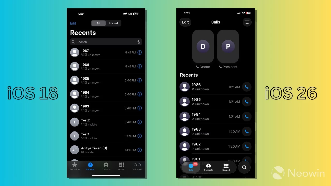 Comparing the Phone app on iOS 26 and iOS 18