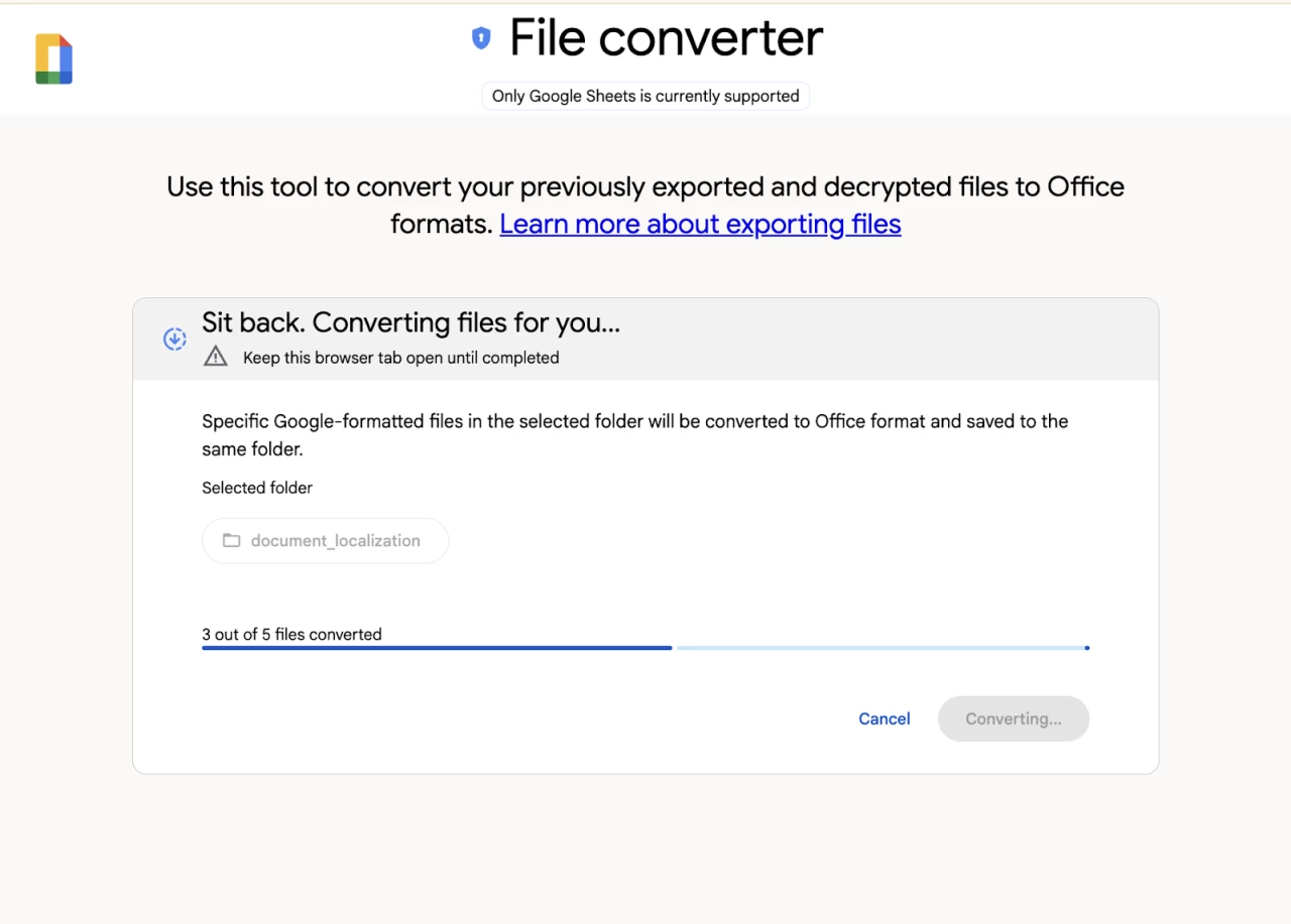 The converter tool which enables conversions of exported Google Sheets files into Microsoft Office f