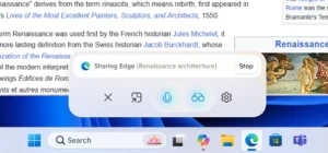 Microsoft Copilot Vision controls shown when an Edge window is shared. 