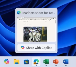 Ability to share screen with Copilot shown when mousing over Microsoft Edge on the taskbar. 