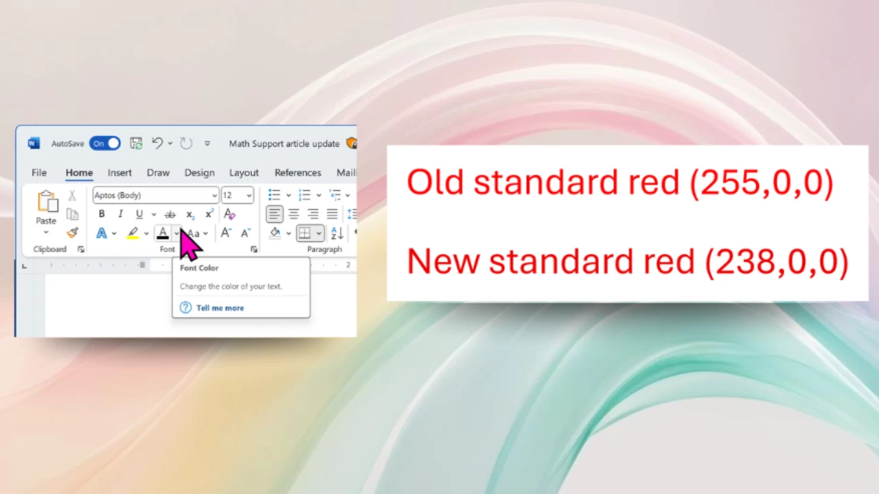 Red color difference in RGB values of Microsoft 365 apps of 25500 vs 23800