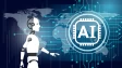 A robot looking at an AI logo