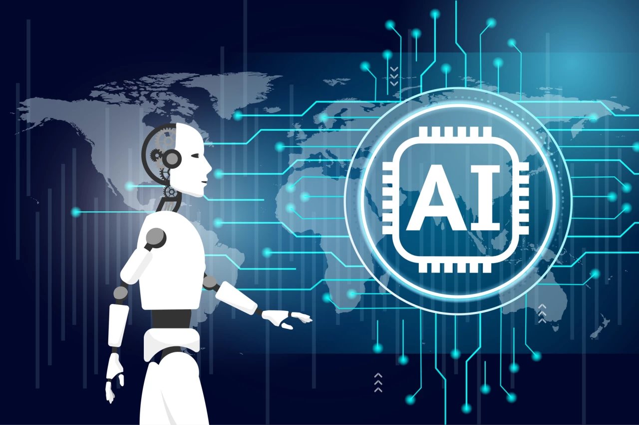 A robot looking at an AI logo