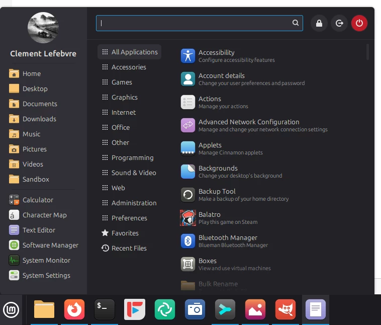 The new Linux Mint application menu